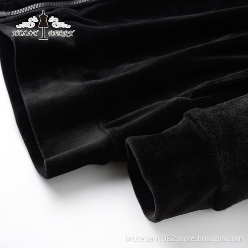 Fleece Hooded Unlined Velour Anti-wrinkle Solid Autumn Black Sweatshirt